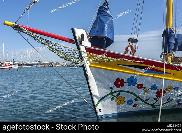 Bow of the traditional sailing ship Falcao Veloz, Lagos, Algarve, Portugal, Europe