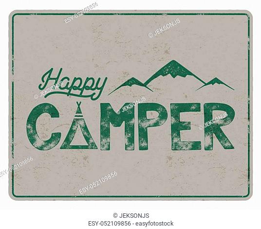 Happy camper poster template. Tent, mountains and text sign. Retro colors design. Hiking emblem. Stock vector isolated on white background