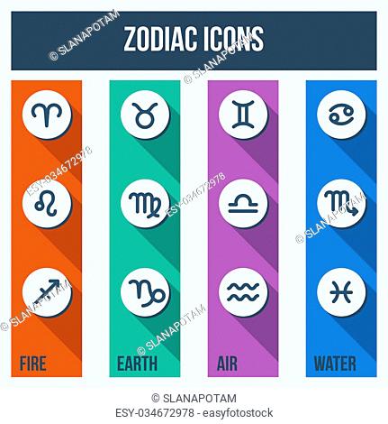 Zodiac signs with shadows in flat style. Set of colorful square icons. Vector illustration