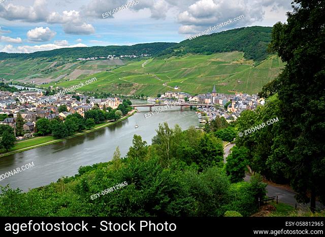 BERNKASTEL, GERMANY - JUNE 19, 2020: Panoramic image of Bernkastel close to the Moselle river on June 19, 2020 in Germany