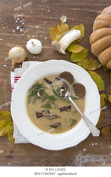 Autumnal mushroom soup with sprig of dill and pumpernickel bread