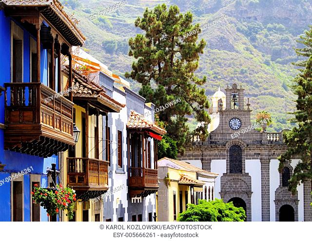 Teror - town on Gran Canaria famous for its basilique and colorful houses with beautiful balconies, Canary Islands, Spain