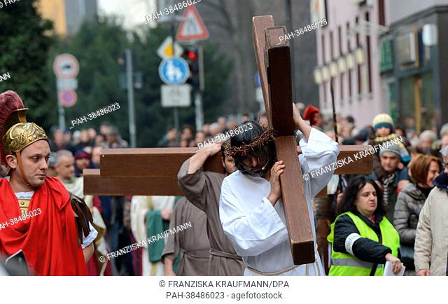 Members of the Italian Catholic parish San Martino stage scenes of the passion of Jesus in Stuttgart, Germany, 29 March 2013