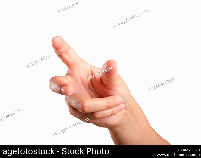 Woman hand touching virtual screen. Isolated on white