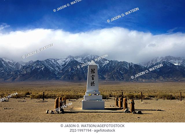 Memorial at the Japanese cemetery with Sierra Nevada Mountains in the background, Manzanar National Historic Site, Independence, California