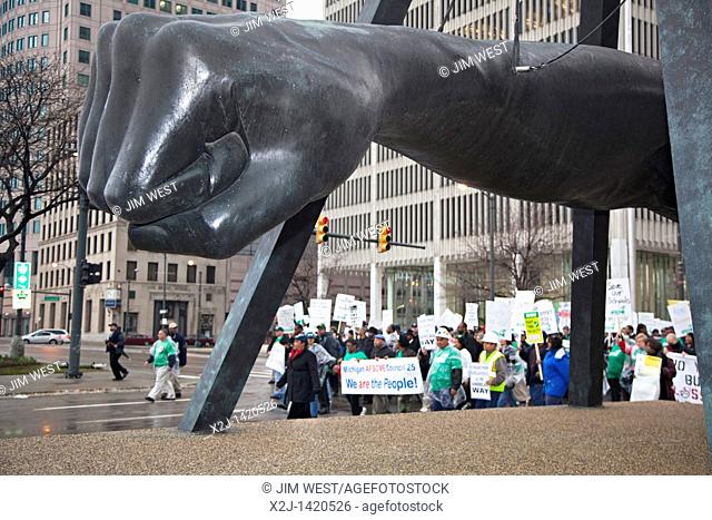 Detroit, Michigan - Unions rally in downtown Detroit to support public employees and to oppose state budget cuts  It was one of many 'We Are One' actions...