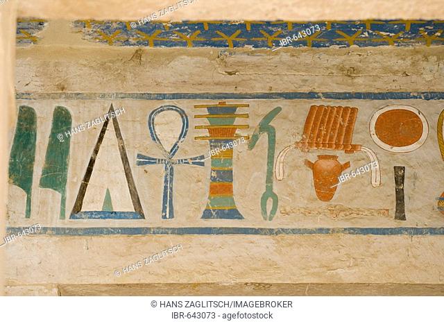 Hieroglyphs in the Chapel of Anubis, Temple of Hatshepsut, West Bank, Luxor, Nile Valley, Egypt, Africa