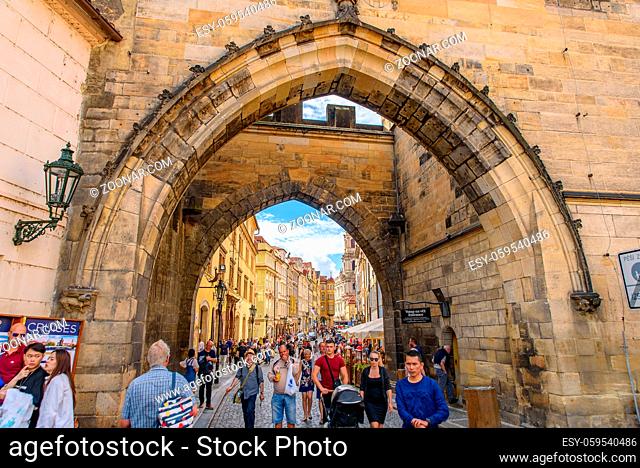 The arch between Charles Bridge and the old town in Prague, Czech Republic