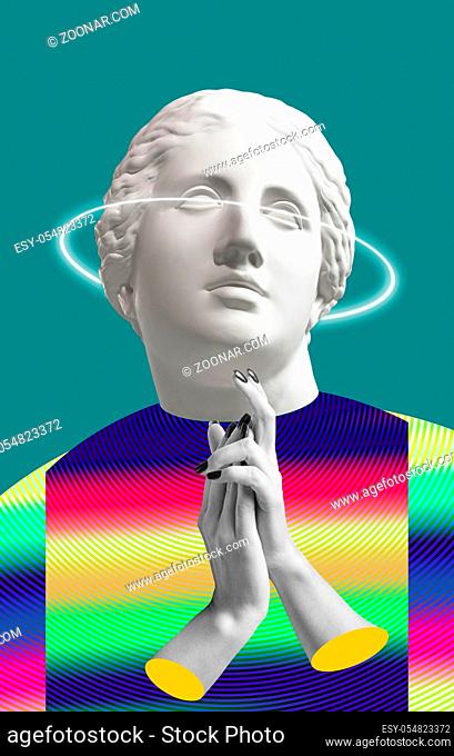Modern conceptual art colorful poster with ancient statue of bust of Venus. Collage of contemporary art