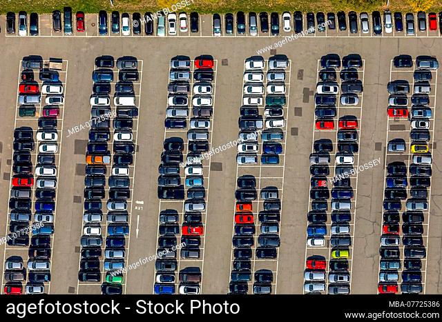 Aerial shots, employee parking, SMS group Ltd, car, car series, parking lot, free parking lots, Hillnhütten, Hilchenbach, Rothaar mountain, Siegerland