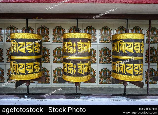 Gangtok, India - October 2020: Prayer wheel at Sera Jey Drophenling Monastery in Gangtok on October 23, 2020 in Gangtok, Sikkim, India