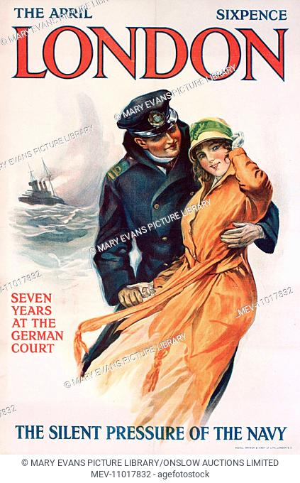 Cover design, London Magazine, April, sixpence, depicting a woman in an orange raincoat and a man in naval uniform, with a battleship at sea in the background