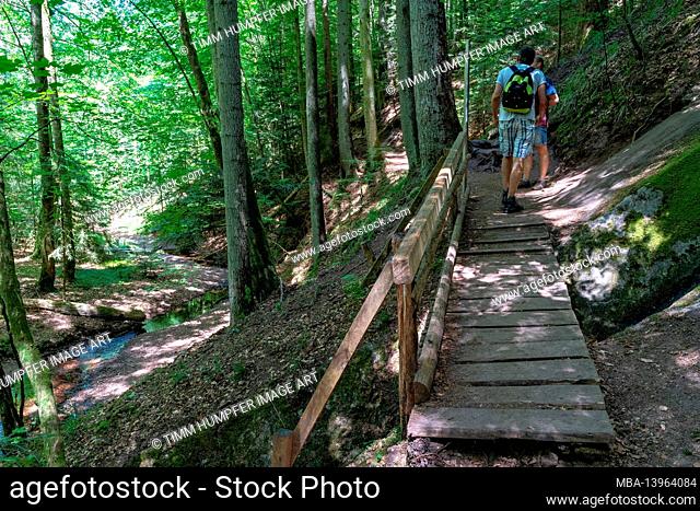 Europe, Germany, Baden-Wuerttemberg, Swabian-Franconian Forest Nature Park, Welzheim, hikers in the wild and romantic Edenbachtal