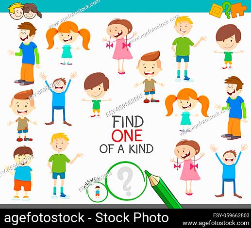Cartoon Illustration of Find One of a Kind Picture Educational Activity Game with Happy Children Characters