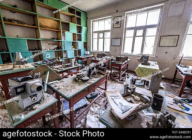 Physical lab in old secondary school in Mashevo abandoned village of Chernobyl Nuclear Power Plant Zone of Alienation in Ukraine