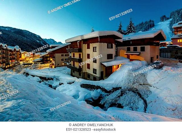 Illuminated Ski Resort of Madonna di Campiglio in the Morning, Italian Alps, Italy