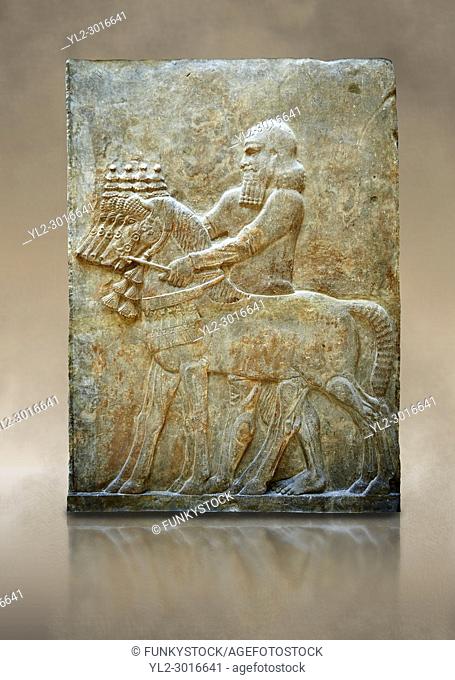Stone relief sculptured panel of Horse Driver. Facade L. Inv AO 19883 from Dur Sharrukin the palace of Assyrian king Sargon II at Khorsabad, 713-706 BC