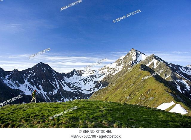 Hiker at Muhsköpfl, High Tauern, East Tyrol, Austria