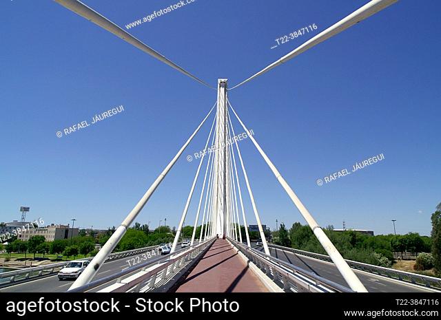 Seville (Spain). Perspective of the braces of the Puente del Alamillo in the city of Seville