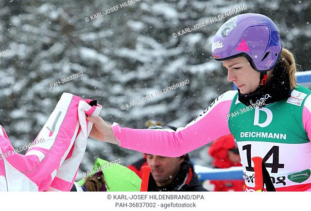 Maria Hoefl-Riesch of Germany prepares for the start of the women's downhill training at the Alpine Skiing World Championships in Schladming, Austria