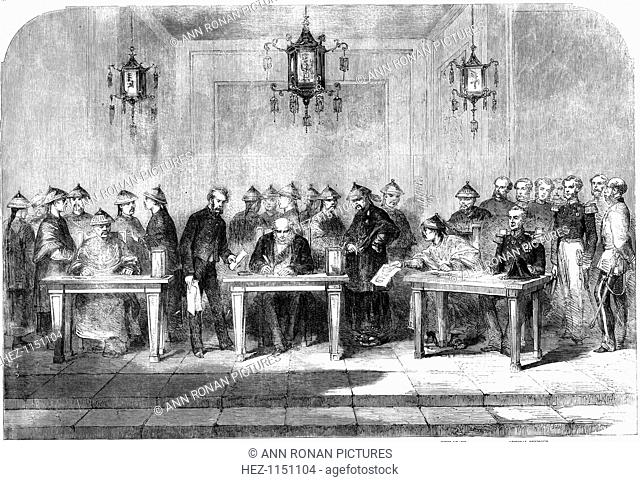 Lord Elgin (left) signing the Treaty of Tainjin to end the Second Opium War between Britain and China, 16 June 1858. Contemporary woodcut