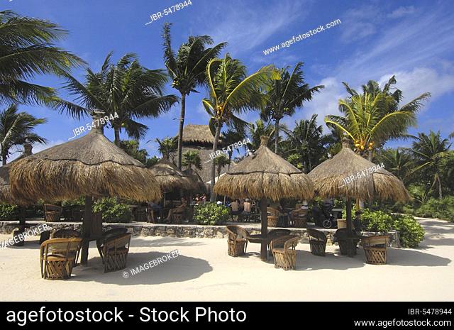 Beach umbrellas and chairs, beach area, Xcaret Eco Park, near Playa del Carmen, Riviera Maya, Quintana Roo, Yucatan, Mexico, Yucatan, Central America