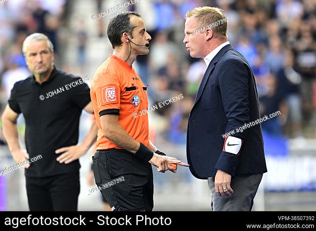 referee Alexandre Boucaut and Genk's head coach Wouter Vrancken pictured during a soccer match between KRC Genk and KAS Eupen, Saturday 06 August 2022 in Genk