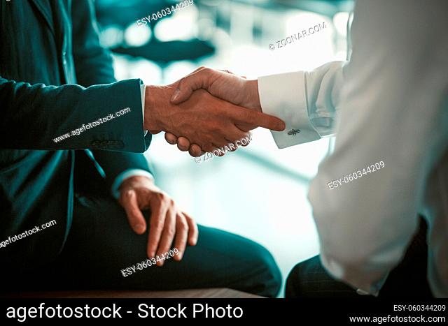 Employees shake hands at a business meeting. Making a deal between partners. Two men in suits. High quality photo
