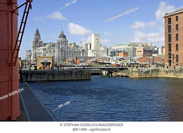 Liverpool, GBR, 22. Aug. 2005 - View from Albert Dock in Liverpool to the Port of Liverpool Building, the Cunard Building and to the Royal Liver Building