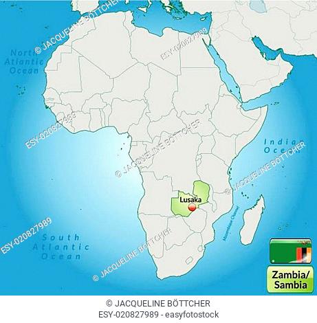 Umgebungskarte von Sambia mit Hauptstädten in Pastelgrün