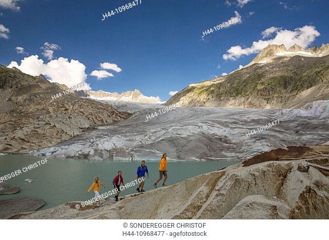 Gletsch VS, walking, hiking, Rhone glacier, Furka Pass, canton, VS, Valais, footpath, walking, hiking, glacier, ice, moraine, mountain lake, Switzerland, Europe