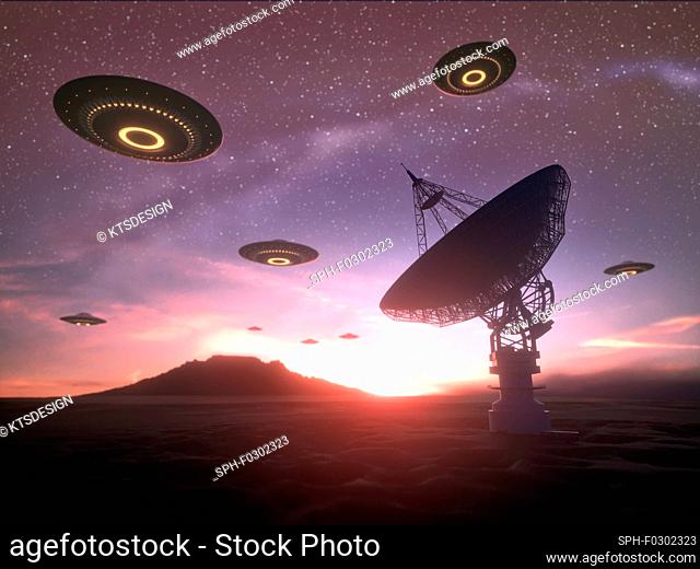 Alien invasion, illustration. Swarm of unidentified flying objects (UFOs) over a satellite dish