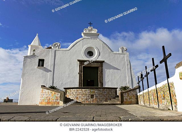 White Santa Maria del Soccorso Church on a rock above the sea, Forio, historic centre, Ischia Island, Campania, South Italy, Europe