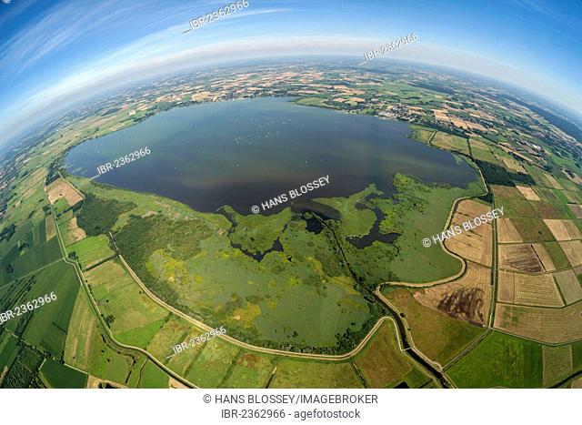 Aerial view, fisheye shot, Duemmer river and Duemmersee lake, North German Plain or Northern Lowland, Hunte, Bohmte, Lower Saxony, Germany, Europe