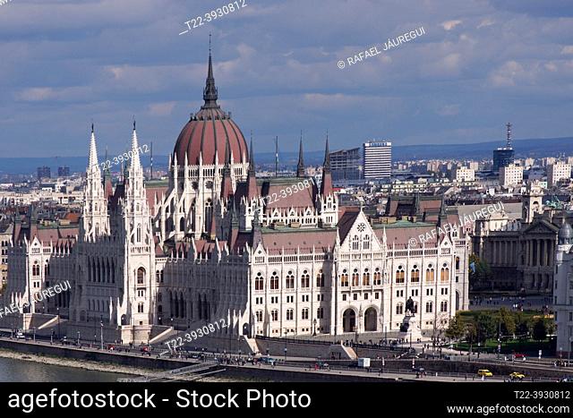 Budapest (Hungary). Hungarian Parliament from the Buda Castle in the city of Budapest