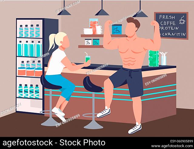 Fitness culture flat color vector illustration. Man and woman in fitness bar 2D cartoon characters with counter on background