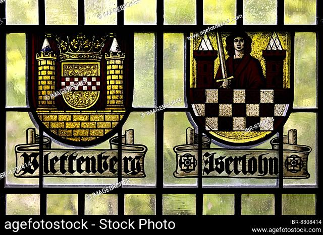 Historical coats of arms of Plettenberg and Iserlohn, Museum der Grafschaft Mark, Altena Castle, Altena, Sauerland, North Rhine-Westphalia, Germany, Europe