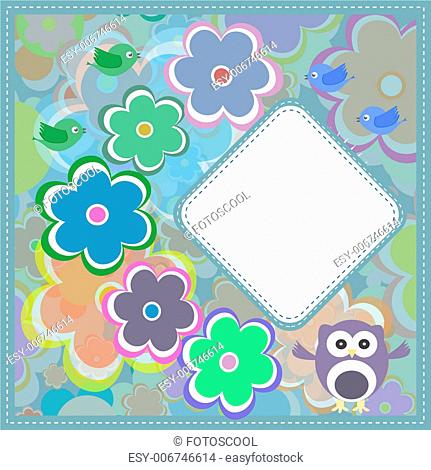 Template greeting card with owls and flowers, scrap illustration