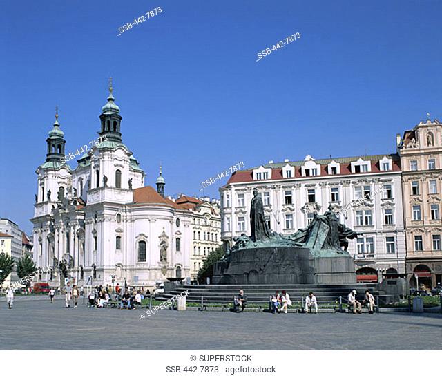 Jan Hus Statue and St. Nicholas Church, Old Town Square, Prague, Czech Republic