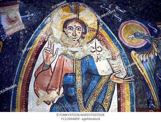 Romanesque frescoes depicting Christ Pantocrator from the Church of Sant Miguel dâ. . Engolasters, Les Escaldes, Andorra. . Painted around 1160