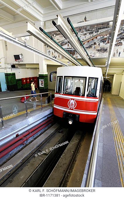 Tuenel underground funicular, the second oldest underground railway in the world, modern cars, station Istiklal Caddesi, Beyoglu, Istanbul, Turkey