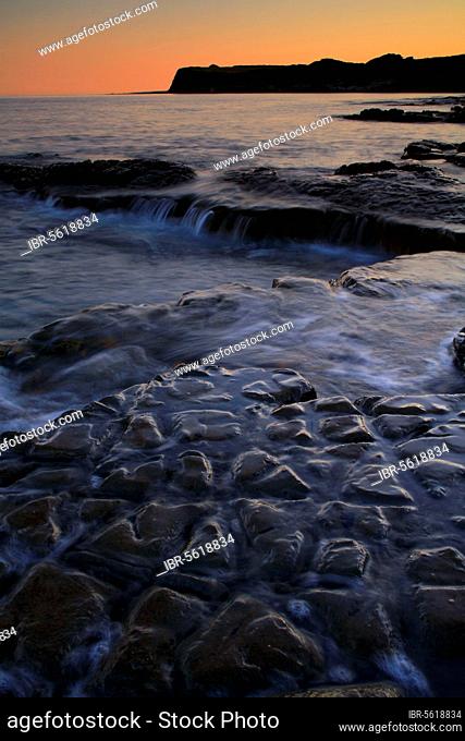 View of rocky beach at sunset, Hobarrow Bay, Isle of Purbeck, Dorset, England, United Kingdom, Europe