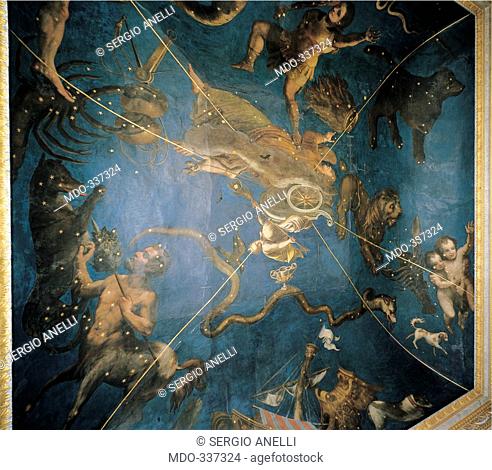 Zodiac, by Costa Lorenzo il Giovane, 1579, 16th Century, fresco. Italy; Lombardy; Mantua; Ducal Palace; soffitto della Sala dello Zodiaco. Detail