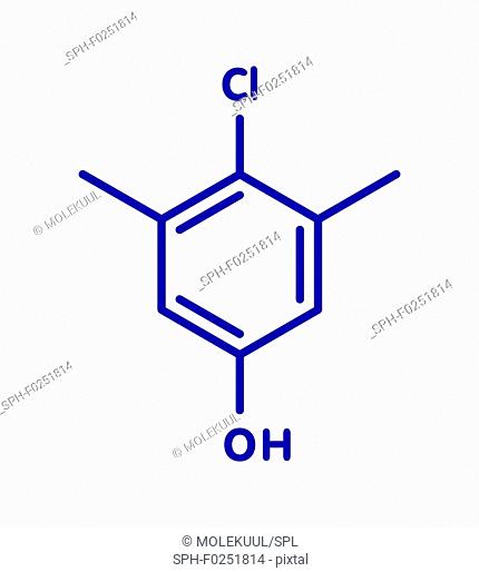 Chloroxylenol antiseptic molecule. Disinfectant used against bacteria, algae, fungi and viruses. Blue skeletal formula on white background