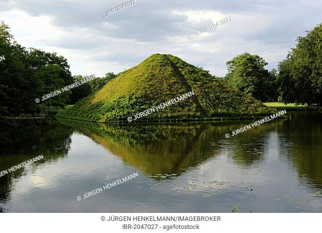 Tumulus lake pyramid in the lake of Fuerst Pueckler Park Branitz, burial place of Fuerst Pueckler and his wife Lucie, Branitz, Cottbus, Brandenburg, Germany