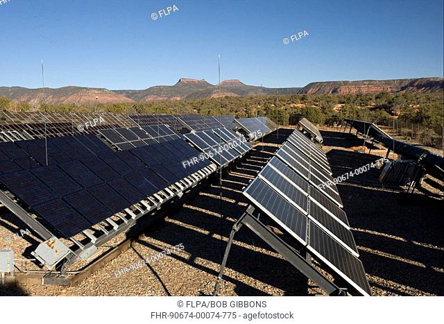 Solar power, photovoltaic panel array in desert, Natural Bridges National Monument, Utah, U S A