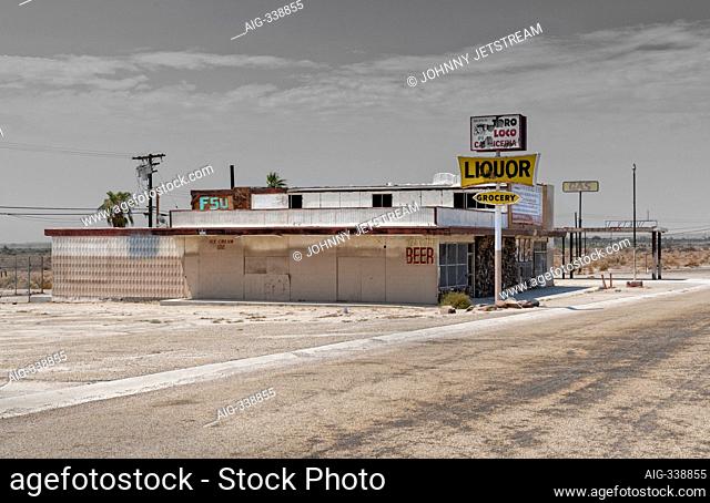 An abandoned store with vintage sign in Salton Sea, California, USA