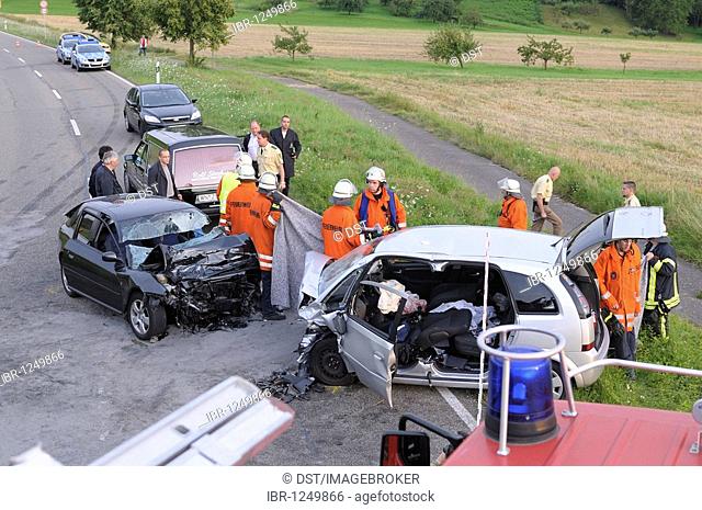 Couple was killed in traffic accident, head-on collision on the L 1184 road between Miedelsbach and Rudersberg, Baden-Wuerttemberg, Germany, Europe