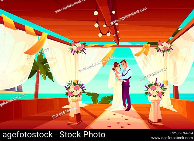 Wedding ceremony in exotic country or tropical beach cartoon concept. Happy bride and groom hugging on decorated with flowers and white veil terrace on sea...