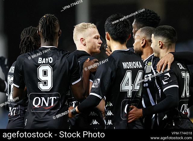 Charleroi's Jules Van Cleemput celebrates after scoring during a soccer match between Sporting Charleroi and RFC Seraing, Friday 04 February 2022 in Charleroi